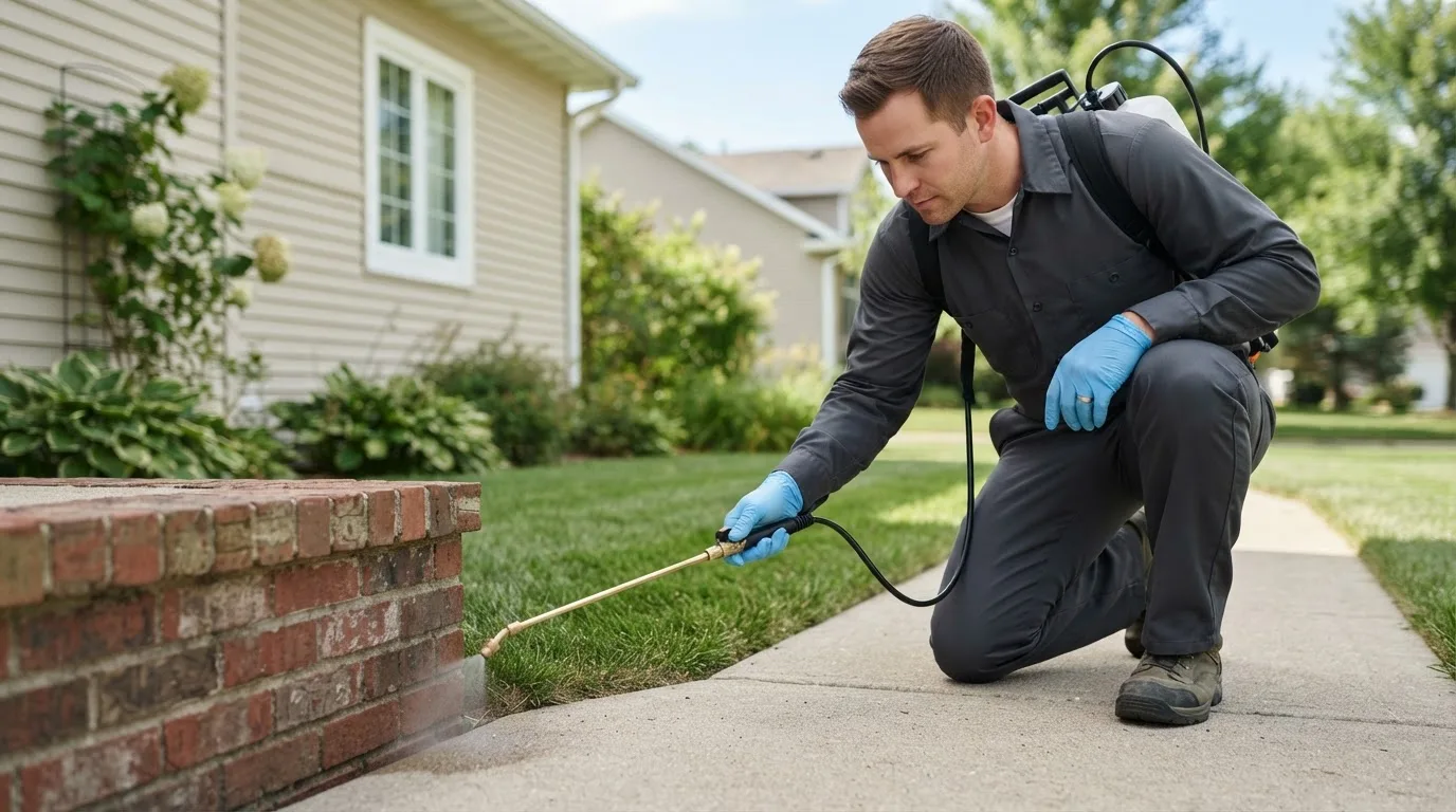 Pest control technician treating a home near Dublin, IN